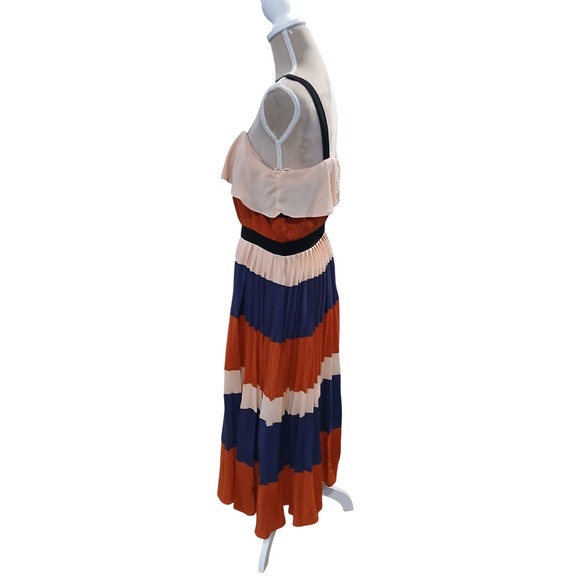 After Market Womens Colorblock Striped Pleated Midi Dress Peach Navy Rust Large - Picture 4 of 12